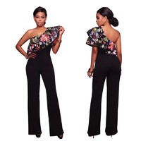 One Shoulder Loose Women Party Jumpsuits with Floral Print Overlay  FLS4007