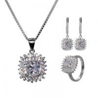 more images of LivingPal S925 Silver Cubic Zirconia Halo Style Ring+Pendent+Earrings Set