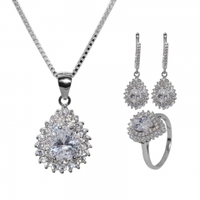more images of LivingPal S925 Silver Pear Shape Cubic Zirconia Halo Style Ring+Pendent+Earrings Set