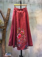 more images of Folk Style Ethnic Embroidery Loose Skirt Natural Linen Red Maxi Skirt
