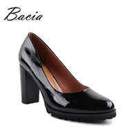 Women Round Head  Pumps Patent Leather Shoes Thick High Heels