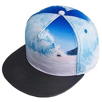 Custom new fashion supreme 5 panel sublimate printing sea wave snapback hat with flat leather brim
