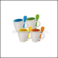 Promotion printed logo coloured two tone ceramic coffee mugs with spoon