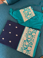 Banarasi Katan Silk Saree in Dark Blue with Rama Green with Stitched Blouse