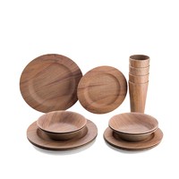 Factory direct price 16pcs wooden grain melamine dinnerware wood plates and bowl set with cups