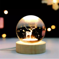 Creative laser engraving 3D glass image gift sculpture souvenir home decoration moon crystal ball Led lamp wood bracket ornament