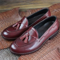 Handmade goodyear slip on tassel shoes genuine leather