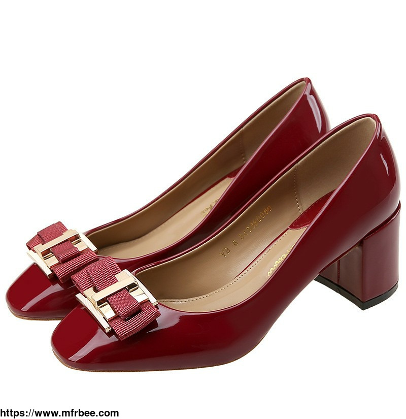 square_toe_spring_and_autumn_new_style_bow_metal_buckle_professional_office_shoes_mid_heel_high_heel_patent_leather_ladies_shoes