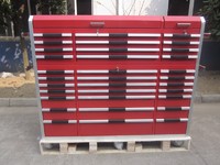 Red storage tool cabinet with multiple drawers