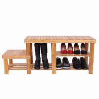 2-tier Shoe Bench Boot Organizing Rack Entryway Storage Shelf w’ High and Low Levels for Adult and Child 100% Bamboo