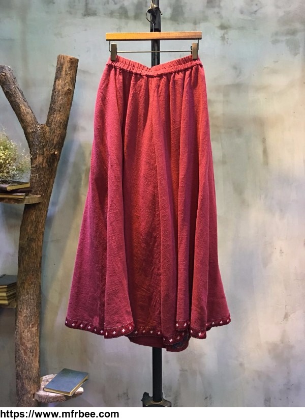 folk_style_ethnic_embroidery_loose_skirt_natural_linen_red_maxi_skirt
