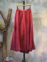 Folk Style Ethnic Embroidery Loose Skirt Natural Linen Red Maxi Skirt
