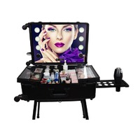 Metal Telecope  LED light case makeup case with 4 wheels
