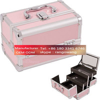 Makeup Train Case Cosmetic Organizer Mirror 3 Trays PINK Aluminum Jewelry Box
