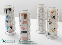 more images of Custom stackable ceramic coffee mugs white 4 piece geometric ceramic mugs china factory