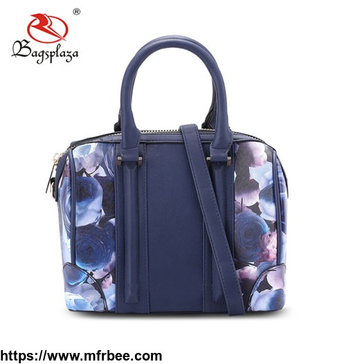 blue_pu_ladies_fashion_tote_bags_with_custom_printed_logo_flower