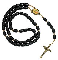 Black 17" Wood Rosary Cord Jesus Cross Pendant With Round Guadalupe, Made in Brazil