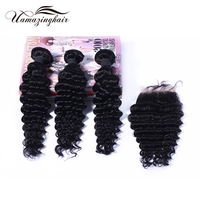 more images of Indian virgin hair 3 bundles Deep Wave with 3.5"*4" Free part lace top closure