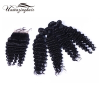 Indian virgin hair 4 bundles Deep Wave with 3.5"*4" Free part lace top closure