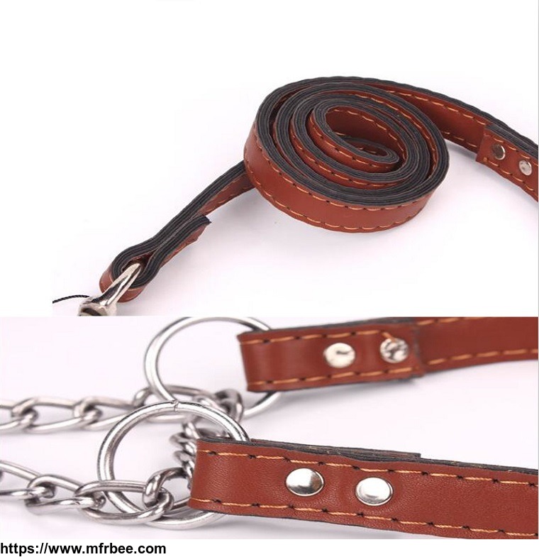 high_quality_pu_leash_rope_with_p_shape_chain_collar_set_for_big_dog_and_middle_dog