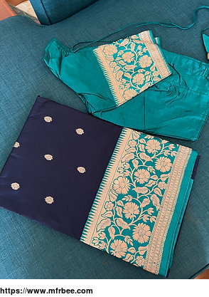 Banarasi Katan Silk Saree in Dark Blue with Rama Green with Stitched Blouse