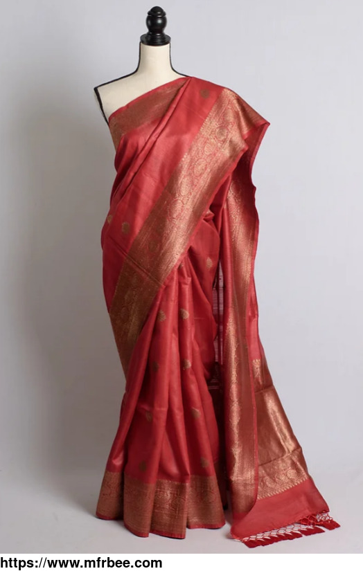 pure_tussar_banarasi_saree_in_dark_red_with_stitched_floral_blouse