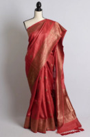 Pure Tussar Banarasi Saree in Dark Red with Stitched Floral Blouse