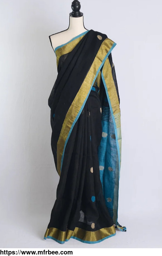 polka_linen_saree_in_black_and_blue