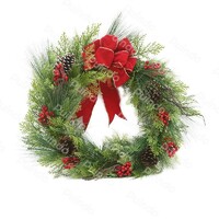 Puindo Artificial Customized Christmas Wreath with Pine cone Red Berries Bow for Home Door Xmas Hanging Decorations