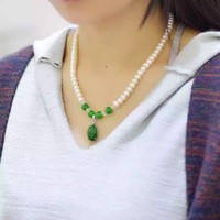 more images of Green crystal button pearl necklace