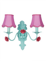 Green 12 Inch Transitional Beach House Dual-Light Steel Wall Lamp With Pink Scallop Bell Fabric Shades